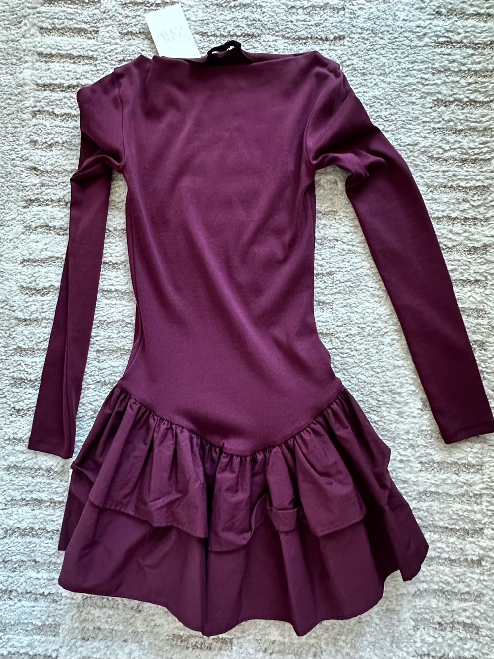Zara Burgundy Long-Sleeve Ruffle Mini Dress